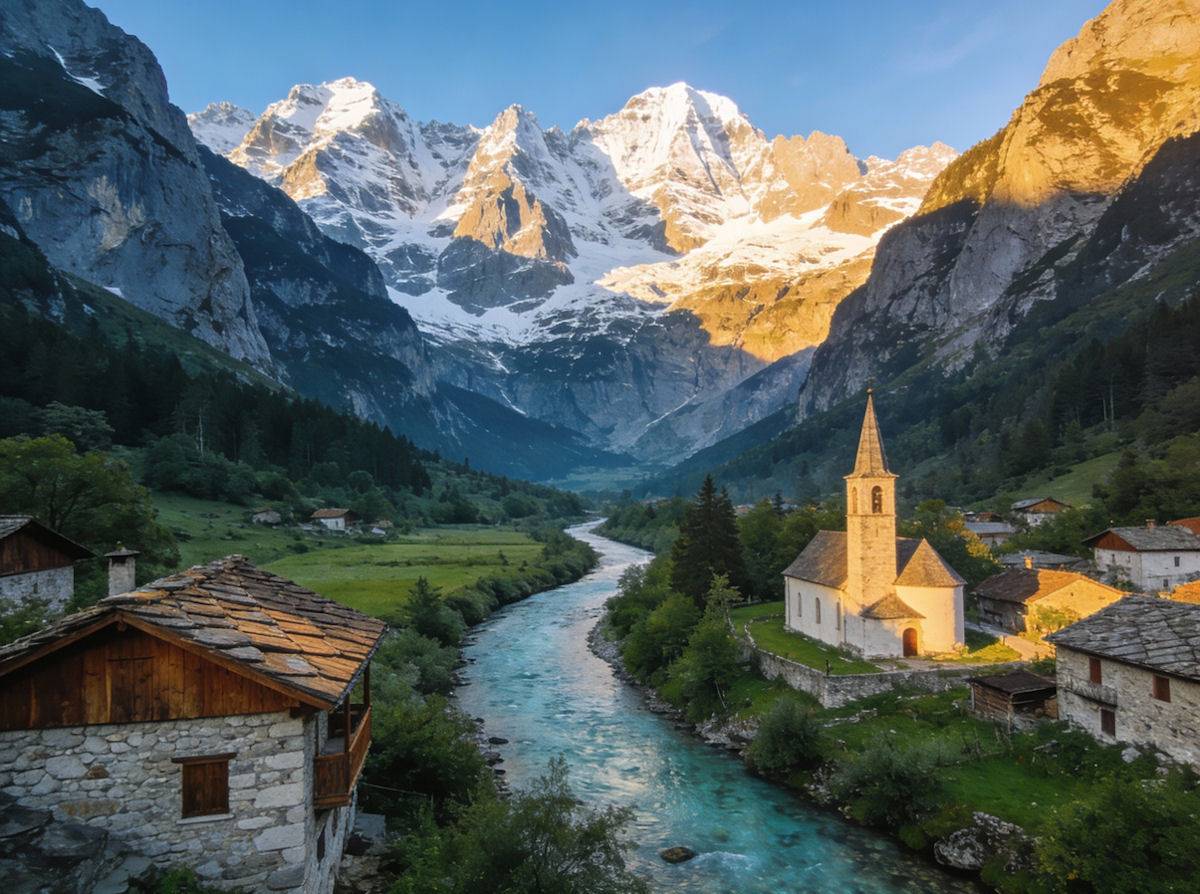 Theth, Alpi Albanesi: valle verde, fiume e vette montuose
