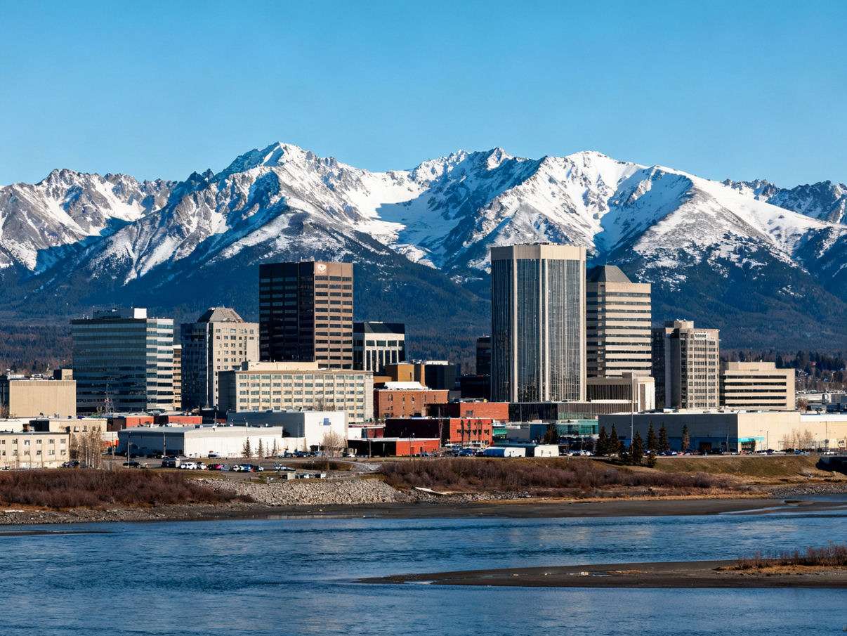 Panorama di Anchorage, Alaska, tra la baia e le montagne innevate