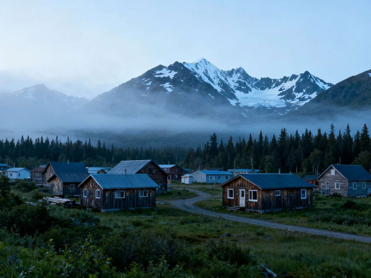 Villaggio remoto dell'Alaska tra montagne e foreste