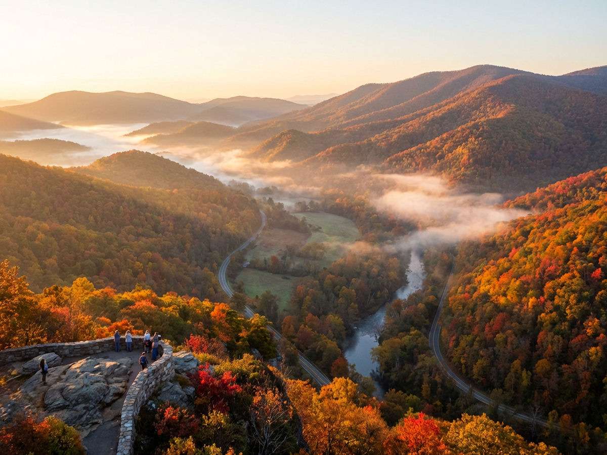 Panorama delle Blue Ridge Mountains nel nord della Georgia, con colline boscose e cielo terso
