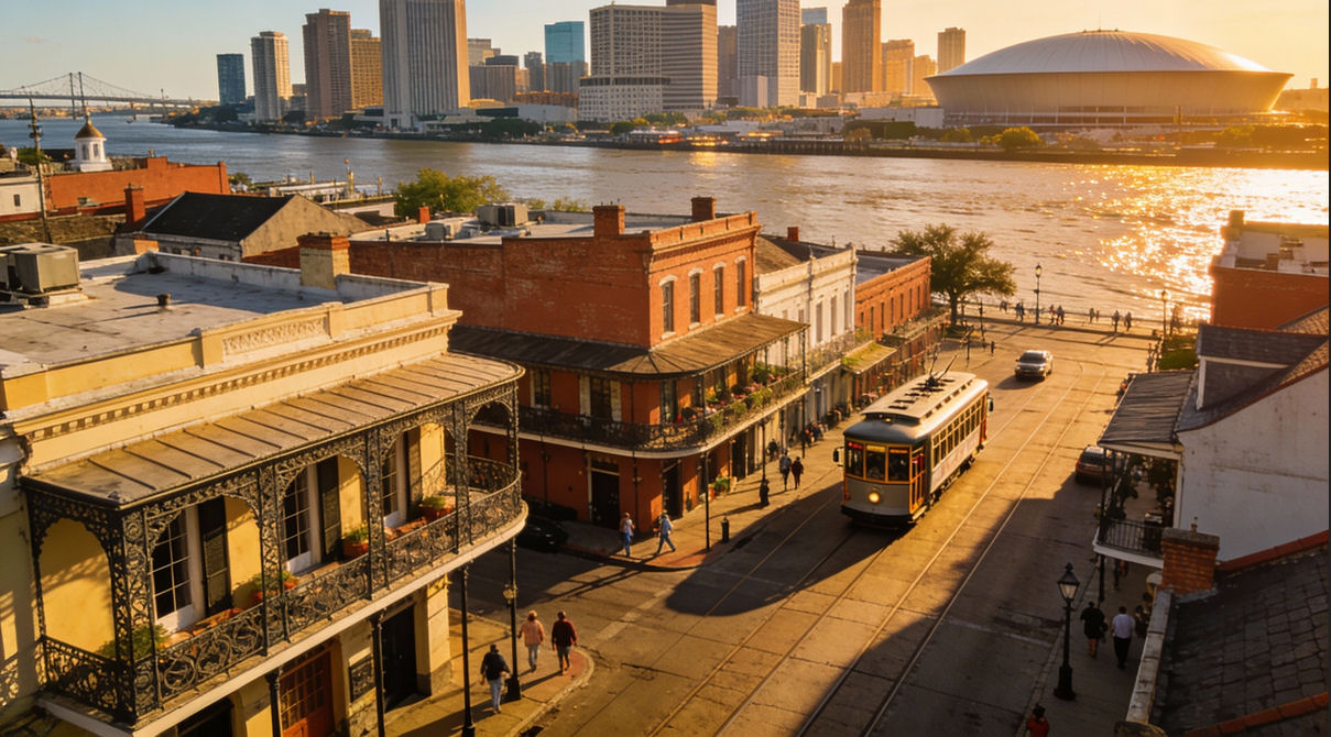 New Orleans, French Quarter e Mississippi al tramonto